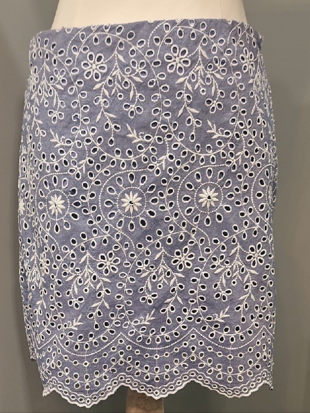 LOFT Blue Eyelet Midi Skirt with White Embroidery
